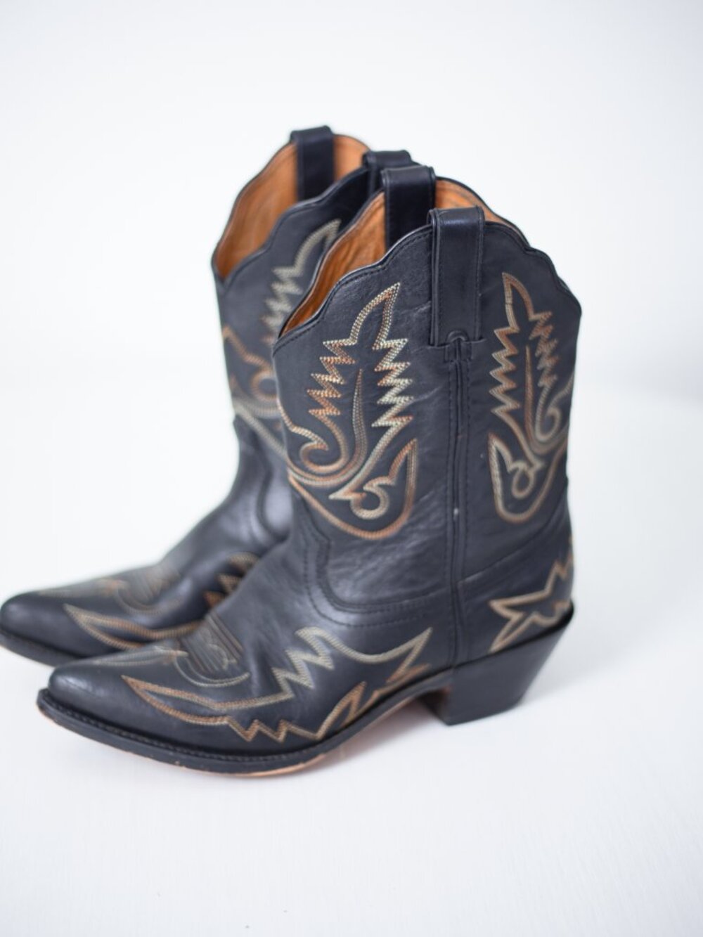 Vintage Cowboy Boots | Black Leather | Gold Stitch Inlay | Women's 8.5 / Men's 7 - Picture 3 of 16